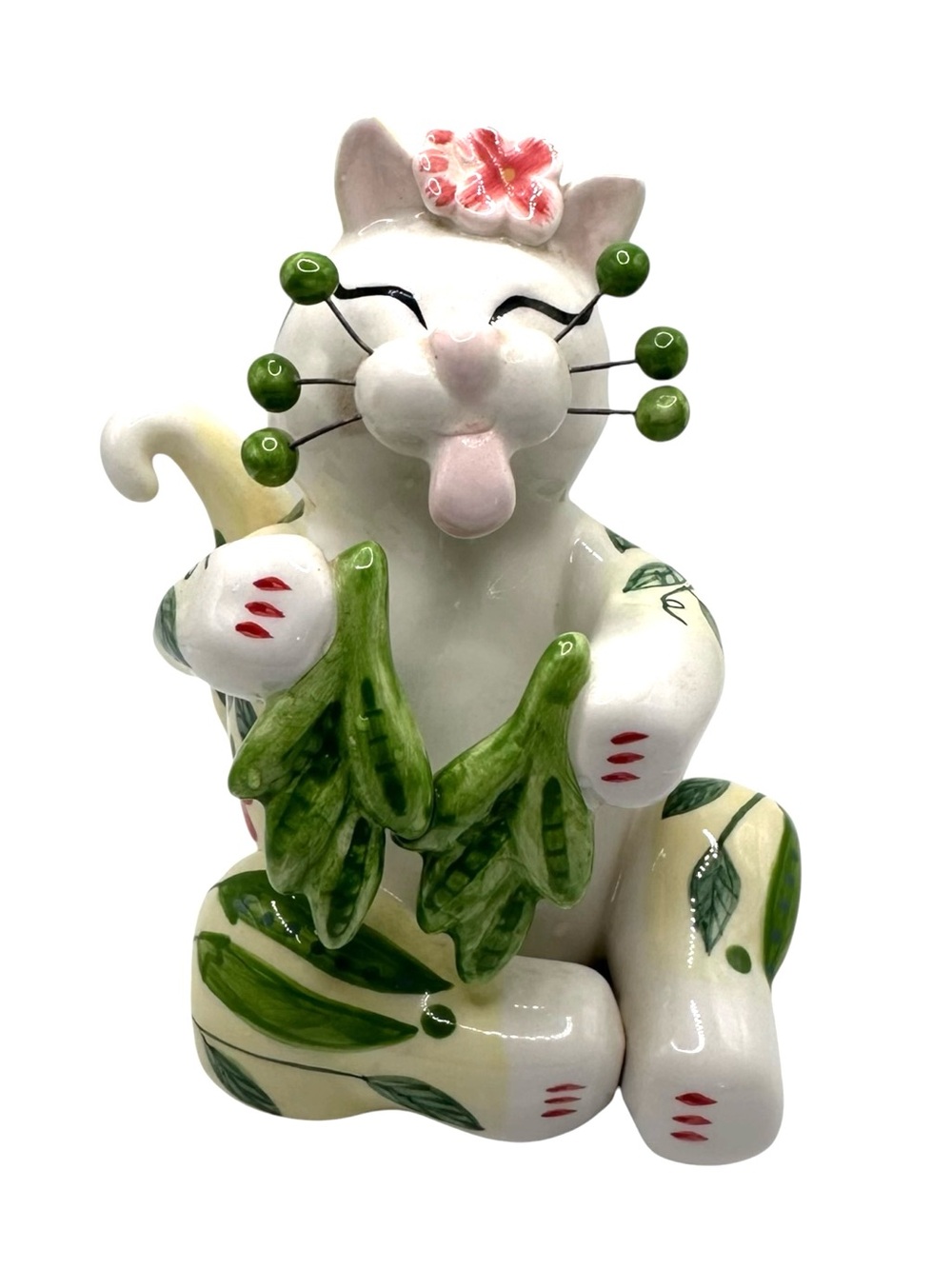 VTG Amy Lacombe Whimsiclay Y2K Cat Figurine RARE Green Peas Wire Whiskers